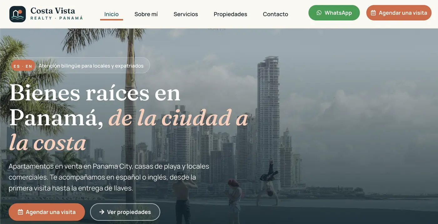 Portada del sitio Costa Vista Realty: bienes raíces en Panamá, de la ciudad a la costa